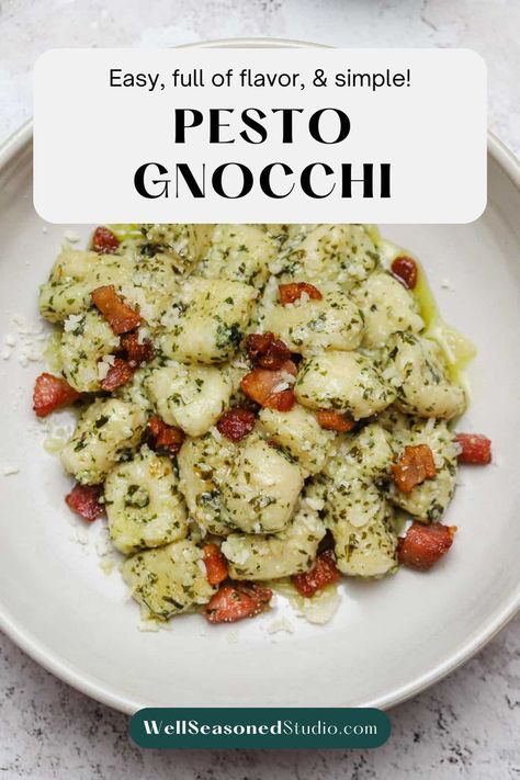 Pesto Gnocchi in a bowl. Gnocchi Pancetta Recipes, Pesto Gnocchi, Salad Appetizer Cups, Arugula Pesto, Walnut Pesto, Homemade Gnocchi, Creamy Pesto, Homemade Pesto, Gnocchi Recipes