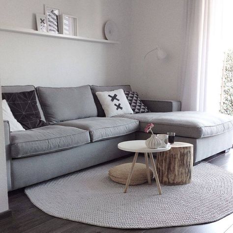 the light grey gains status with black and white details Grey Round Rugs In Living Room, Round Rug Sectional Couch, Living Room Ikea, Kivik Sofa, Round Carpet Living Room, Ikea Kivik, Contemporary Living Room Furniture, Ideas For Living Room, Round Carpet