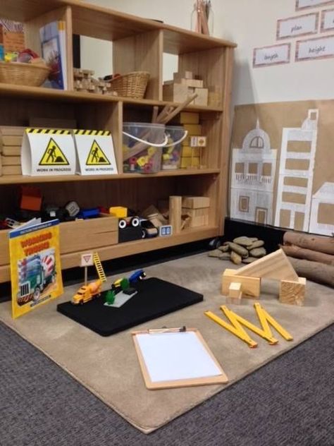 Conversations in Block Play – A Journey Into Inquiry Based Early Learning Construction Area Ideas, Construction Play Area, Ikea Kritter, Walker Learning, Preschool Construction, Blocks Preschool, Role Play Areas, Eyfs Classroom, Construction Play