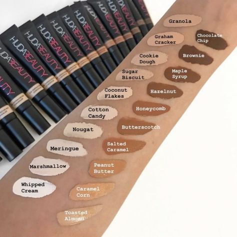 Huda Beauty Concealer, Concealer Swatches, Honeycomb Candy, Sugar Biscuits, Foundation Swatches, Peanut Butter Marshmallow, Cracker Cookies, Caramel Creams, Concealer Shades