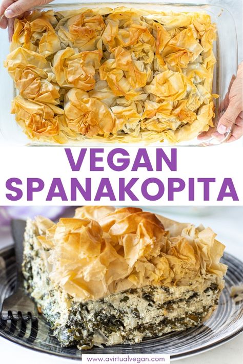 Vegan Spanokita, Vegan Spanakopita Recipe, Italian Vegan Recipes Appetizers, Vegan Spinach Pie Recipe, Vegan Savory Pie Recipes, Vegan Pie Recipes Savory, Savory Vegan Dinner Recipes, Vegan Vegetable Pie, Vegan Spinach Pie