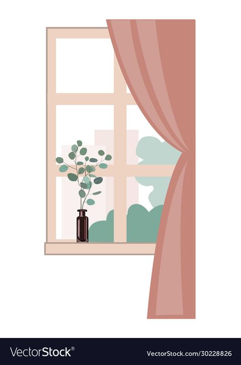 Living Room Vector, Interior Design Vector, Window Vector, Illustration Window, Cute Window, Spring Interior Design, Loft Windows, Trees Vector, Curtain Drawing