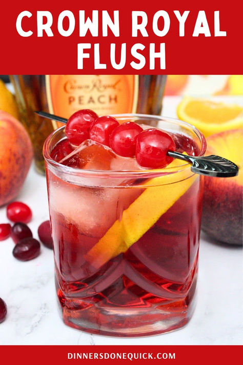 Enjoy the perfect blend of flavors with this Crown Royal Flush cocktail, featuring Crown Royal Peach whiskey. This refreshing and fruity drink is ideal for any occasion, from parties to relaxing evenings. Follow our simple recipe to create this delicious cocktail at home and impress your guests with your mixology skills. Pin and visit Dinners Done Quick for more easy and simple cocktail recipes! #CocktailRecipes #CrownRoyalPeach #CrownRoyal #WhiskeyCocktails #DrinkRecipes #PartyDrinks Royal Peach Cocktail, Vanilla Crown Recipes, Drinks With Crown Royal Vanilla, Crown Royal Peach Recipes, Peach Crown Royal Recipes Easy, Royal Flush Drink, Salted Caramel Crown Royal Recipes, Crown Royal Peach Cranberry Juice, Drinks With Salted Caramel Crown Royal