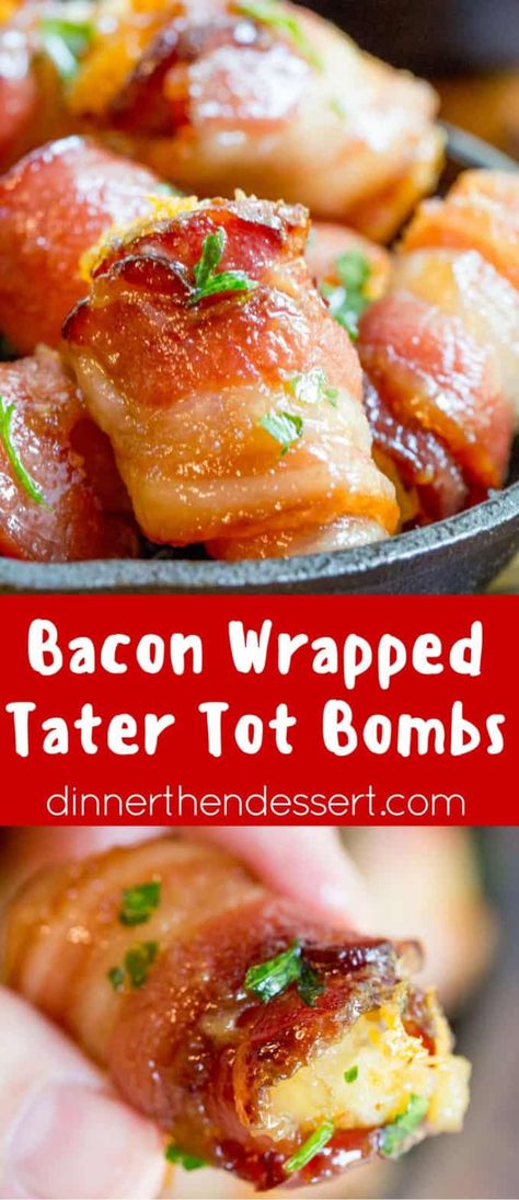 Bacon Wrapped Tater Tot Bombs - Dinner, then Dessert Bacon Wrapped Tater Tots, Fingerfood Party, Bacon Appetizers, Thick Cut Bacon, Tater Tots, Football Food, Sharp Cheddar, Finger Food Appetizers, Sharp Cheddar Cheese