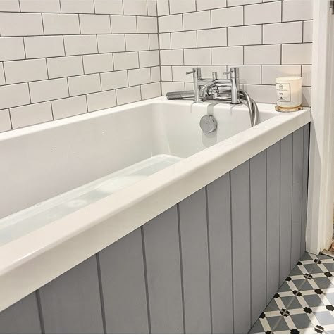 Upgrade Your Bath With These 15 DIY Bath Panel Ideas 4 Side Of Bathtub Ideas, Update Bathtub Surround, Panelled Bath Panel, Bathroom Surround Ideas Bathtubs, Jacuzzi Tub Surround Ideas, Tongue And Groove Bath Panel, Bath With Panelling, Wooden Bath Panel Ideas, Bathroom Shower Over Bath Ideas