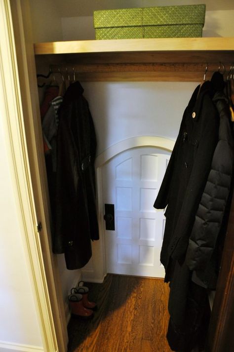 These parents made their kids a little hideaway room in the back of the coat closet! It's super cute, and even has 'snack doors' in the wall. I love it.  -- A Secret Kids Room Through the Closet -- Apartment Therapy Murphy Door Laundry Room, Closet With Secret Door, Secret Hideouts In Houses, Secret Nooks In Houses, Secret Door Closet, Bedroom With Secret Room, Narnia Closet Secret Rooms, Secret Door In Closet, Small Secret Room