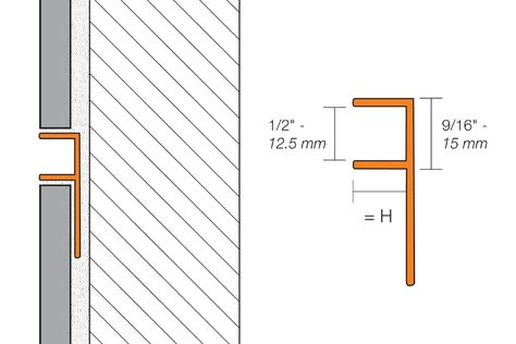 Schluter®-DECO-SG Flush Baseboard Detail, Schluter Systems, Gold Schluter Tile Edge, Schluter Tile Edge, Brass Schluter Tile Edge, Polished Porcelain Tiles, Tile Edge, Joinery Details, Accent Tile