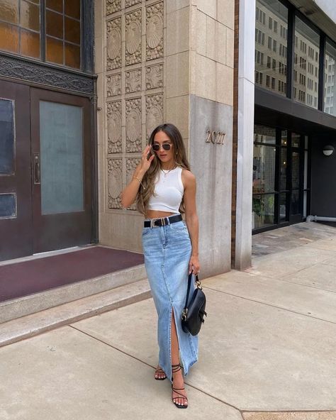 Long Skirt Outfits: How To Style Maxis & Midis This Season - Lulus.com Fashion Blog Long Denim Skirt Outfit Summer, Long Jean Skirt Outfits, Denim Skirt Outfit Summer, Denim Midi Skirt Outfit, Long Denim Skirt Outfit, Skirt Outfit Summer, Jean Skirt Outfits, Concert Outfit Ideas, High Waisted Denim Skirt