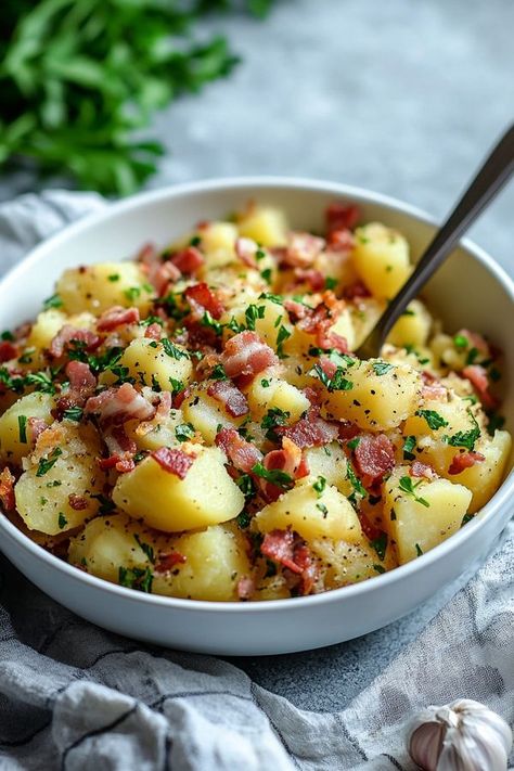 Bacon Potato Salad Recipe, Warm German Potato Salad, Potato Salad With Bacon, German Potato Salad Recipe, Potato Salads, Creamy White Chicken Chili, Bacon Potato Salad, German Potato, Creamy Chicken Enchiladas