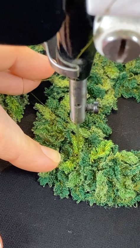 Moss Embroidery On Clothes, Embroidery Moss Tutorial, Moss Textiles, Moss Embroidery Tutorial, Lichen Embroidery, Wildlife Embroidery, Embroidered Moss, Machine Embroidery Techniques, Forest Goblin