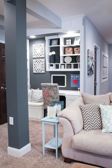 Light gray and deeper gray definitely combine to create a very unique look. It's the perfect balance of light and dark so you don't make this room, without a lot of lights, too dark. Basement Wall Colors, Basement Paint, Basement Colors, Basement Paint Colors, Basement Painting, Family Room Paint, Basement Inspiration, House Light, Basement Living Rooms