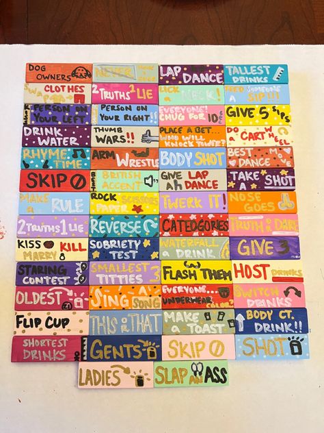 showing jenga pieces with words written on them for drinking. Romantic Jenga Ideas, Jenna Drinking Game, Painted Jenga Blocks Game, Painted Jenga Blocks Drinking Game, Giant Jenga Drinking Game, Diy Drinking Jenga, Paint Jenga Blocks, Fun Jenga Ideas, Spicy Jenga