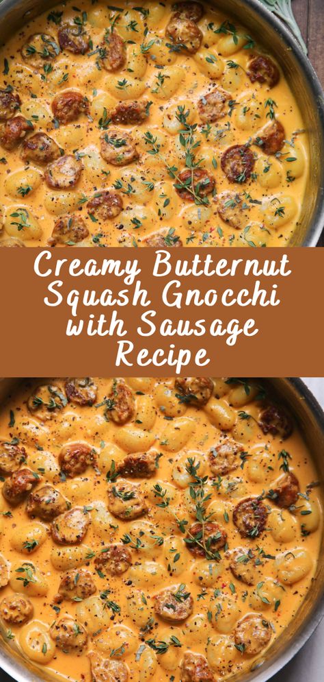 Butternut Squash Gnocchi With Italian Sausage, Butternut Squash Gnocchi With Sausage, Butternut Squash Recipes Gnocchi, Creamy Butternut Squash Recipes, Creamy Pumpkin And Sausage Gnocchi, Gnocchi Squash Recipes, Butternut Squash Fall Recipes, Creamy Squash Pasta, Butternut Squash Gnocchi Sausage