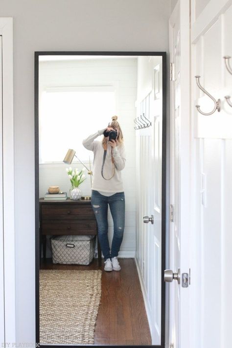 Add a full length mirror behind your door for an easy way bring some light into your bedroom. Plus it's a good and secret spot to take a look at yourself before heading out the door! Door Mirror Ideas, Over The Door Mirror, Over The Door Hooks, Picture Frame Decor, Matching Furniture, Door Hooks, Bedroom Mirror, Door Makeover, Bedroom Doors