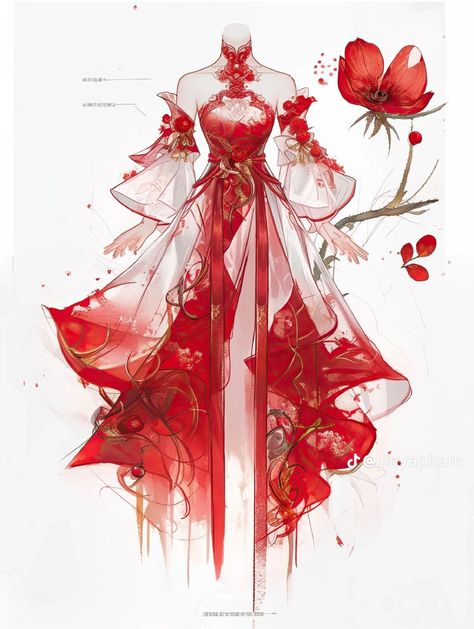 Red Dress Anime, Red Dress Drawing, Chinese Fancy Dress, Vestidos Anime, Fashion Drawing Sketches, Dress Design Drawing, Clothing Design Sketches, Fantasy Dresses, Fashion Drawing Dresses