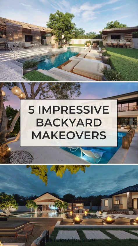 Read this post for a look at some of our favorite luxury backyard designs we have created for clients this year and what their outdoor spaces looked like before we completely transformed their yards. One exterior design trend we're seeing a lot this year is organic modern design which we love! Check out the designs, & book a design consultation to create your dream backyard oasis today. Follow for more luxury landscape design, luxury backyard design, and dream home design exterior inspiration! Backyard Design For Entertaining, Resort Inspired Backyard, How To Landscape Backyard, Large Backyard Landscaping Designs Layout, Beautiful Patios Luxury Backyards, Epic Backyards, Amazing Backyards For Entertaining, Modern Garden Design Luxury Backyards, Luxury Backyard Landscaping