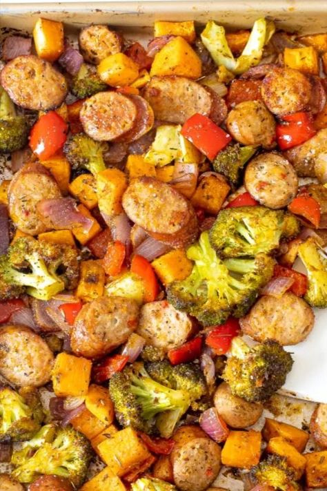 Make sure to save this recipe for The Best Easy Sheet Pan Sausage and Veggies! Sheet pan dinners are a lifesaver for those busy days! Sheet Pan Sausage And Veggies, Pan Sausage And Veggies, Sausage Sweet Potato, Sheet Pan Sausage, Sausage And Veggies, Potato Broccoli, Clean Meal Prep, Olive Oil Garlic, Clean Eating Recipes For Dinner