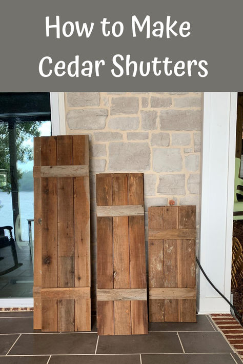 Three different-sized cedar shutters with the caption How to Make Cedar Shutters Wood Shutters Exterior, Farmhouse Shutters, Rustic Shutters, Cedar Shutters, Architecture Renovation, House Shutters, Diy Shutters, Craftsman Exterior, Wooden Shutters