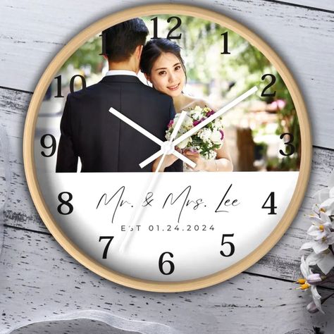 💕Personalized Photo, Name and Established Date Wood Wall Clock, with black number accents. Customize your living space with your photo, family name and established date. A practical accent in any room, this unique high quality Wood Wall Clock serves as a statement piece. This clock is completely silent, and is a great conversation piece for any living area. More color options available! Also perfectly gifted for Engagement, Wedding, Anniversary or a Housewarming Gift for a Special Couple! 🤩 ... Photo Family, Wood Wall Clock, Family Name, Engagement Wedding, Your Photo, Conversation Piece, Wood Wall, Housewarming Gift, Living Area