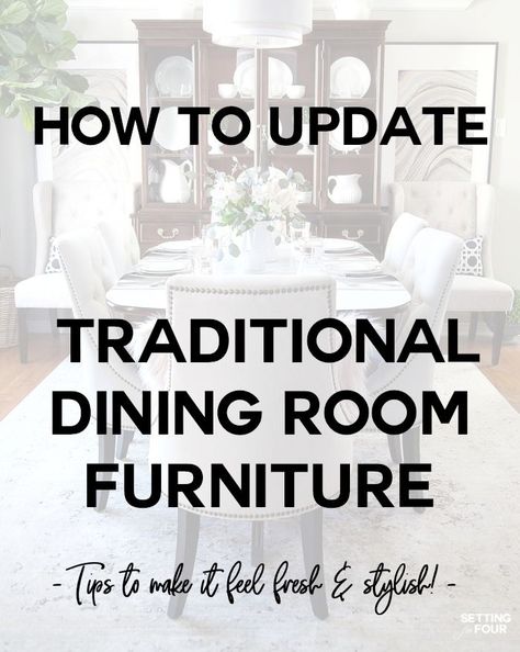 Transitional Dining Room Tables, Relaxed Dining Room Ideas, How To Modernize A Traditional Dining Room Set, Transitional Dining Room Furniture, Formal Dining Room Makeover, Dining Room With Mahogany Furniture, Update Dining Room Furniture, Dining Room With Traditional Furniture, Modern Formal Dining Room Ideas