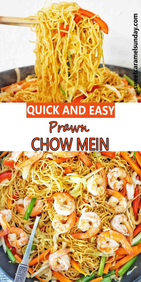 Chopsticks holding noodles over a large black pan of the same. There is text written between 2 images. Prawn Chow Mein Recipe, Shrimp Chow Mein Recipe Easy, Prawn Chow Mein, Prawn Noodle Recipes, Shrimp Chow Mein, Noodles Shrimp, Prawn Noodles, Chinese Noodle Recipes, Fried Noodle