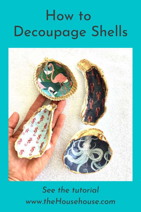 How To Decoupage Sea Shells, Beachy Window Display, How To Decoupage Scallop Shells, Clam Shell Decoupage, Mod Podge Sea Shells, She’ll Decoupage, How To Paint Shells Seashells, Shell Decoupage Diy, Decoupage Scallop Shells