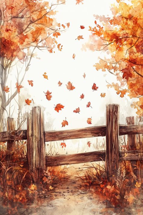 Watercolor illustration of fall drawings aesthetic featuring autumn leaves floating around a rustic fence, showcasing easy fall drawings techniques with soft earth tones and loose brushstrokes. Fall Drawing Inspo Easy, Drawing Ideas Fall Aesthetic, Whimsical Autumn Aesthetic, Autumn Nature Drawing, November Aesthetic Drawings, Fall Art Watercolor, Autumn Sketches Pencil, Easy Autumn Drawings, Autumn Drawing Aesthetic