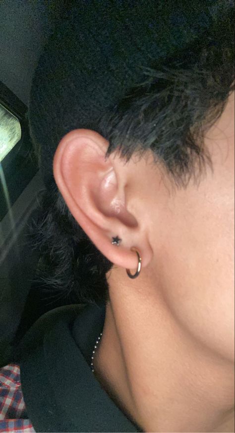 Piercings For Men Ears, Peircings Guys, Male Percinings, Ear Percinings Boys, Masculine Peircings, Peircings Earring Ideas Men, One Ear Piercing Male, Men’s Piercings Ear, Asian Men Ear Piercing