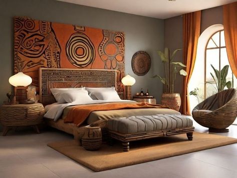 African Bedroom Decor Ideas, Etnic Style Interior, African Inspired Bedroom, African Style Bedroom, African Style Interior, Afro Boho Decor, African Decor Bedroom, African Bedroom, African Living Rooms