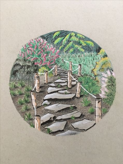 Pen and coloured pencils on gray toned strathmore paper Pathway Art Drawing, Nature Pathway, Tone Paper, Art Journal Challenge, Computer Drawing, Journal Challenge, Colour Art, Garden Drawing, Toned Paper