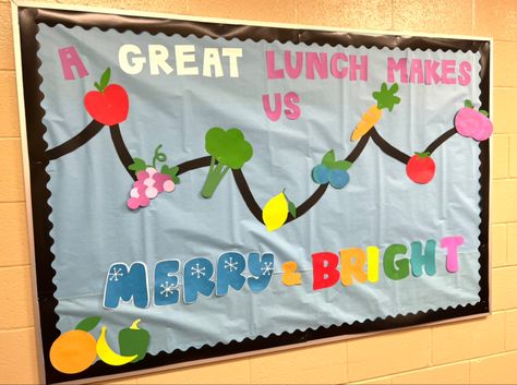 Christmas School Cafeteria Decorations, Christmas Bulletin Board Ideas For Cafeteria, Lunch Room Bulletin Boards Elementary Schools, Cafeteria Christmas Bulletin Board, Christmas Bulletin Boards For School Cafeteria, School Kitchen Decorations, Winter Cafeteria Bulletin Boards, Elementary Cafeteria Decorations, Lunch Lady Door Decorations