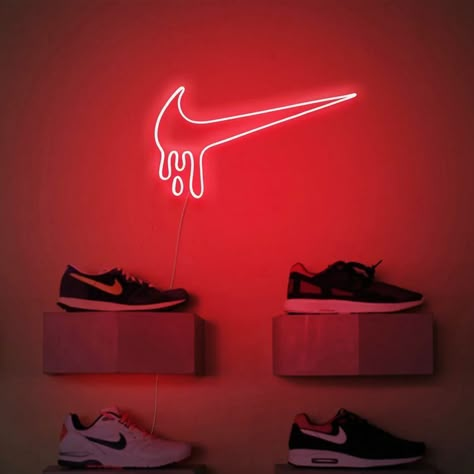 Neon Nike Sign, Neon Lights Boys Bedroom, Neon Sign For Room, Jordan Themed Room, Nike Neon Light, Neon Boys Room, Nike Room Decor, Nike Bedroom, Neon Sign Bedroom Aesthetic