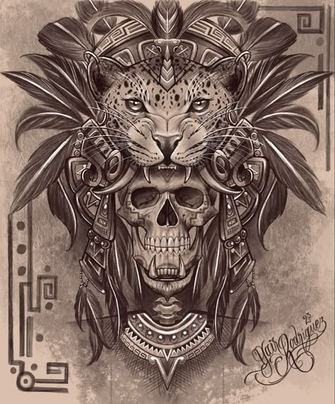 Aztec Skull Tattoo Design, Mayan Tattoos Sleeve, Men Tattoo Ideas Forearm, Mexican Warrior Tattoo, Mayan Tattoo Designs, Aztec Jaguar Tattoo, Aztec Skull Tattoo, Aztec Skull Warrior, Aztec Drawings