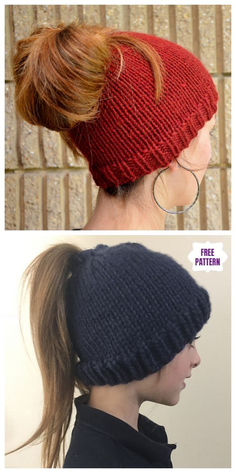 Easy Knit Messy Bun Hat Free Knitting Patterns - Holey Hat Knit Messy Bun Hat Pattern Free, Messy Bun Hat Knitting Pattern Free, Messy Bun Crochet Hat Pattern Free With Hair Tie, Knit Ponytail Hat Free Pattern, Bun Hat Knitting Pattern, Messy Bun Knitted Hat, Ponytail Hat Knitting Pattern, Knitted Ponytail Hat, Ponytail Hat Pattern