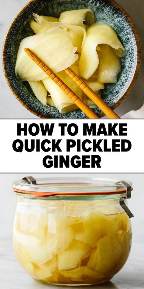 Quick pickled ginger recipe Fermented Vegetables Recipes, Pickles Recipes, Sushi Ginger, Pickled Vegetables Recipe, Ginger Recipe, Dessert Chef, Dessert Sushi, Pickled Ginger, Fermentation Recipes