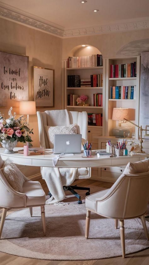 Create a chic and feminine home office that boosts productivity and inspires creativity. Use soft colors, elegant decor, and stylish layouts to design a workspace that’s both beautiful and functional. Visit our blog for more ideas! #homeofficeforwomen #feminineoffice #chichomedecor #homeofficedecor #homeinteriordesign #homeofficeinspiration #homeofficeideas #decoration #officeinteriors #nook Female Study Room Home Office, Office Interior Design Feminine, Girly Home Office Decor, Beautiful Study Room, Woman Office Aesthetic, Girly Corporate Office, Office Decor Feminine, Life Coach Office Decor, Tiny House Office Ideas