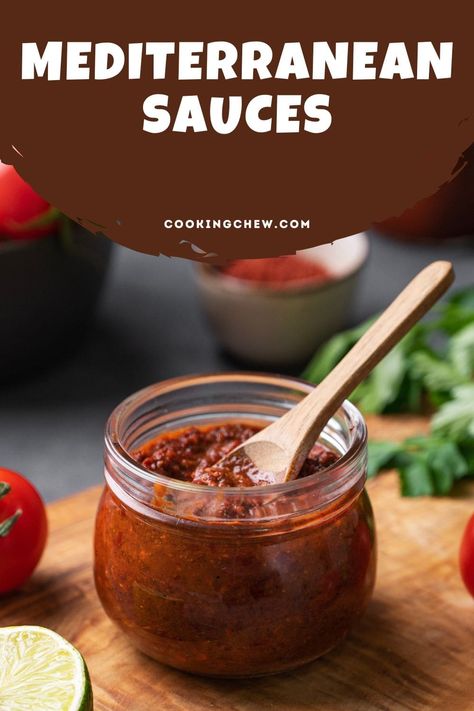 These Mediterranean sauces will add a Mediterranean twist to your cooking, ranging from smoky romesco to creamy béchamel. Mediterranean Sauces Recipes, Mediterranean Red Sauce, Mediterranean Sauce Recipes, Mediterranean Sauces, Mediterranean Sauce, Sauce For Vegetables, Puttanesca Sauce, Barbecue Sauce Recipes, Hot Sauce Recipes