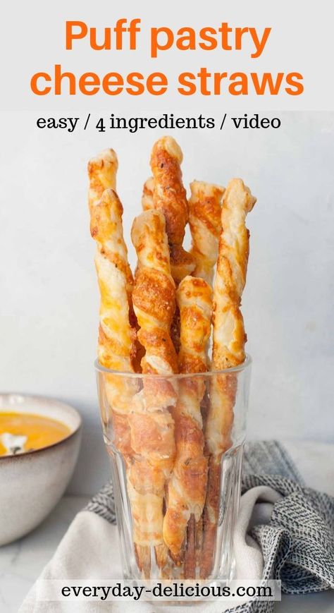 Puff pastry cheese straws. Easy to make puff pastry snack, these straws will be gone in a couple of minutes. You only need 4 ingredients! A hit at any party. It makes a great addition to soup. #puffpastry #appetizer #parmesan Puff Pastry Straws, How To Make Cheese Straws, Easy Starters Recipes Appetizers, Puff Pastry Cheese Sticks, Puff Pastry Snacks Appetizers, Puff Pastry Party Food, Puff Pastry Recipes Cheese, Cheese Straws Recipe Easy, Puff Pastry Kids Recipes