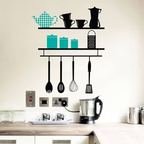 Have fun with this adorable wall decor decal! The kitchen accessories and crockery are separate elements so you can arrange them in any way you like on the shelves. Available in a selection of  yummy colours ( please refer to the colour palette in the image gallery) to suit your interiors. Kitchen Wall Painting, Painting Tile Floors, Dining Wall, Kitchen Wall Stickers, Shelves Wall, Wall Decor Decals, Wall Paintings, Big Design, Teapots And Cups