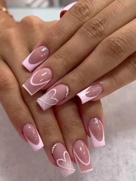 24pcs Square Press-On Nail Tips With Pink Heart French Manicure And Rhinestone Decor, Come With 1 Nail File And 1 Jelly Gel | SHEIN USA Girly Acrylic, Square Nail Designs, Fancy Nails Designs, Summery Nails, Girly Acrylic Nails, French Tip Acrylic Nails, Cute Acrylic Nail Designs, Nail Idea, White Nail