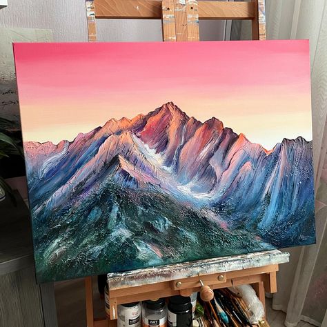 Pink Sky Mountain Painting, Fall Mountain Painting, Sunset Mountains Painting, Structural Painting, Mountain Painting Acrylic, Sunset Acrylic Painting, Landscape Acrylic Painting, Picture Pink, Landscape Acrylic