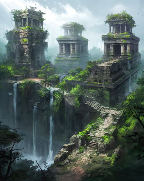 Fantasy environment created with Midjourney v5 Fantasy Tropical City, Fantasy World Ideas, Fantasy Landscape Concept Art, Fantasy Plains, Fantasy World Aesthetic, Fantasy Ruins, Alternative World, Fantasy Place, Fantasy Environment