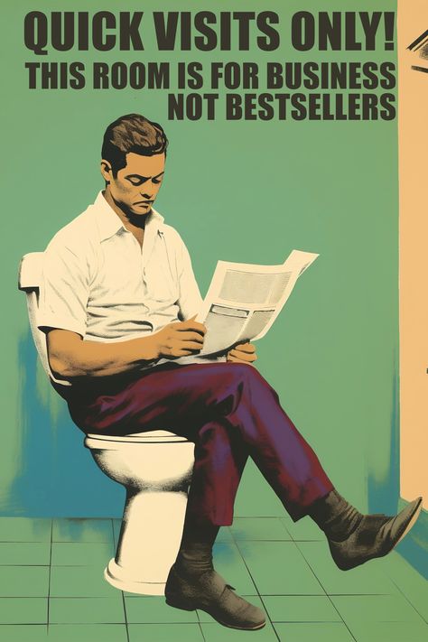 Upgrade your bathroom vibes with our retro-style humorous toilet poster! A man engrossed in reading sends a clear message: 'Quick visits only! This room is for business, not bestsellers.' 😄🚽 #BathroomHumor #RetroDecor #green #white #unframed #entryway #vertical #cloakroomwallart #guestbathroomdecor #maximalistwallart #overthetoilet Bathroom Vibes, Toilet Poster, Guest Bathroom Decor, Toilet Art, Print Bathroom, Maximalist Wall Art, Funny Bathroom, Man Sitting, 50s Style