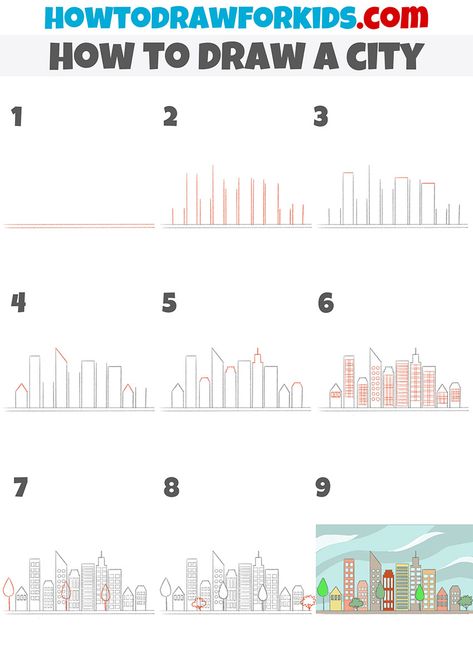 How to Draw a City Step by Step - Easy Drawing Tutorial For Kids How To Draw A City Step By Step, City Drawing Easy, Draw A City, Landscape Drawing Tutorial, How To Build Steps, Adult Coloring Books Printables, Skyline Painting, Easy Drawing Tutorial, Drawing Tutorials For Kids