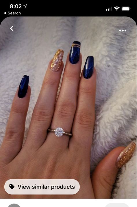 Navy Blue Nails Gold Flakes, Blue And Gold Nails Acrylic Coffin, Nails To Go With Sparkly Blue Dress, Blue And Gold Manicure, Blue And Gold Tip Nails, Wedding Nails Navy Blue And Gold, Navy Blue Nail Ideas For Wedding, Navy Blue And Gold Nails Acrylic Coffin, Prom Nails Blue And Gold