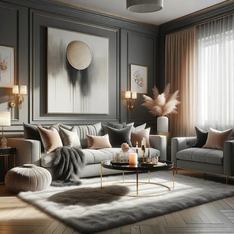 15 Alluring Colors to Complement Charcoal Gray Pink And Gold Room Ideas, Gold And Pink Room, Gold Room Ideas, Living Room Ideas Pink, Grey And Gold Living Room, Pink And Gold Room, Gold Living Room Ideas, Room Ideas Pink, Blush Living Room