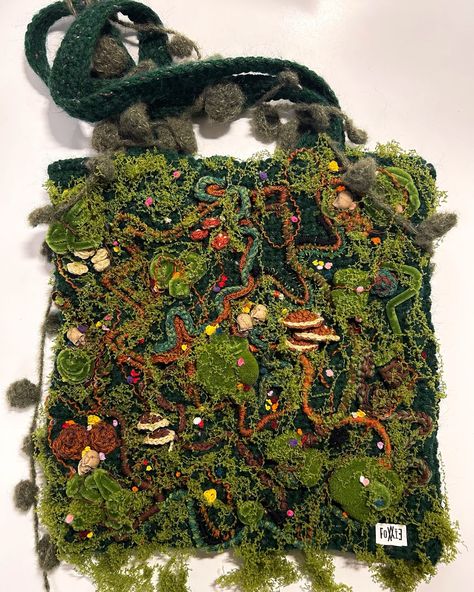 Crochet Art Bag, Mixed Media Crochet, Artistic Crochet, Camo Yarn, Forest Crochet, Moss Crochet, Handmade Jumper, Crochet Elements, Crochet Forest