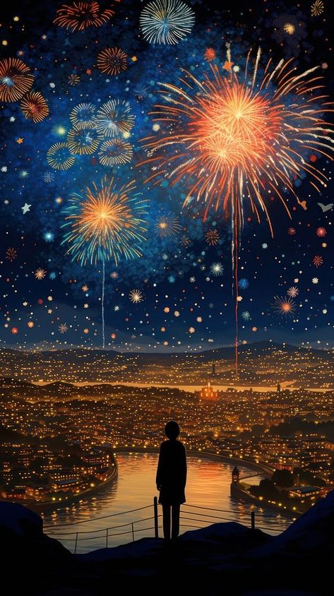 Illustration of a firework in japan fireworks silhouette landscape. | premium image by rawpixel.com / Teddy New Year Aesthetic Drawing, Festival Art Drawing, Fireworks Aesthetic Wallpaper, Fireworks Paintings, Firework Illustration, Japan Fireworks, Scenery Portrait, Fireworks Drawing, Japan New Year