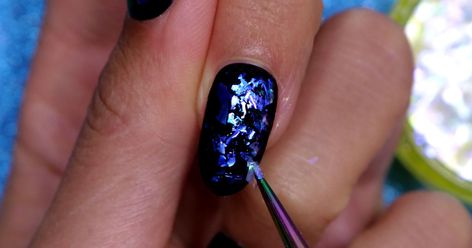 This black opal nail art is perfect to add some decadence to your look Opal Nails, Velvet Nails, Black Nail Polish, Gel Top Coat, Led Nail Lamp, Accent Nails, Nail Technician, Blue Glitter, Blue Tones