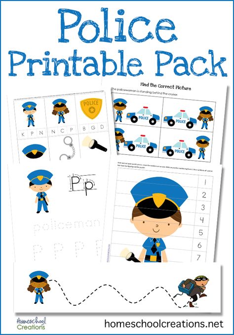 Awhile back I shared a lapbook that we put together on policemen, but Kaleb wanted to learn more about them this week, so I revamped the printables for us Emergency Responders Preschool, Police Worksheets Preschool, Police Officer Sensory Play, Police Week Preschool Activities, Police Science Activities For Preschool, Police Prek Activities, Police Station Dramatic Play Free Printables, Police Themed Activities Preschool, Police Preschool Theme